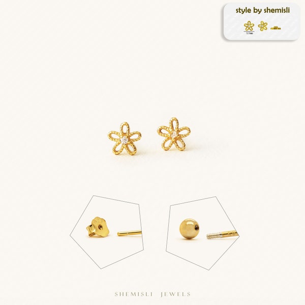 Tiny Open Flower Studs, Forget Me Not Earrings, Gold, Silver SHEMISLI SS154 Butterfly End, SS791 Screw Ball End (Type A)