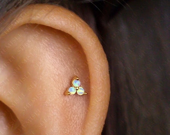 Tiny 3-Petal Opal Flower Threadless Flat Back Earrings, Nose Stud, 20,18,16ga, 5-10mm, Surgical Steel, SHEMISLI SS546