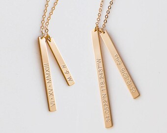 Custom Bar Necklace, Personalized Gift, Simple Vertical Bar Necklace, Roman Numeral Necklace, Wedding Gift, Gold, Silver, Rose Gold ZN00140