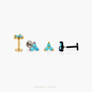 Petite boucle d'oreille sans filet à 3 pétales turquoise à l'arrière plat, calibre 20,18,16, 5-10 mm, unisexe, acier chirurgical, SHEMISLI SS570