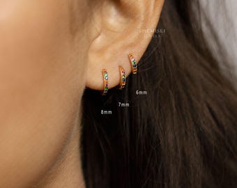 ピアス STONEHENgE SHe 14K Piercing T1373 Sparkly Multicolored Stone Hoop Earring, Rainbow Huggies, 6, 7, 8, 9