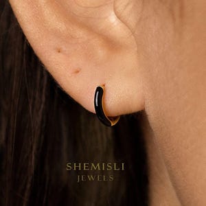 Black Enamel Hoop Earring, Huggies, Unisex, Gold, Silver SHEMISLI SH514