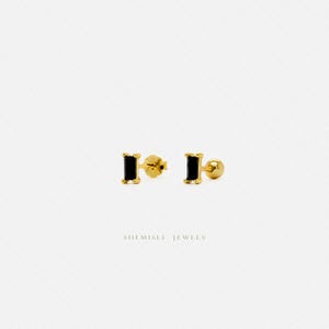 Petite boucle d'oreille baguette noire unisexe, or, argent SHEMISLI SS340 extrémité papillon, extrémité sphérique à vis SS458 (type A)