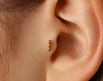 3 beads Tragus Stud, Threadless Flat Back Earring, Minimalist Style, A-SS593