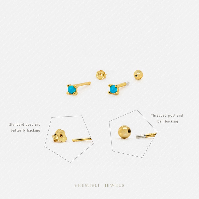 Turquoise Studs, 1.5, 2, 2.5, 3mm Gold, Silver SS223, SS090, SS185, SS091 Butterfly End, SS471, SS472, SS473, SS471 Screw Ball End Type A zdjęcie 3