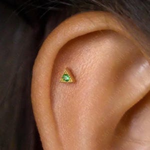 Triangle Emerald Stone Stud, Threadless Flat Back Earring, Minimalist Style, A-SS555