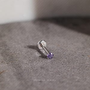 Petit clou tragus sans filetage à dos plat en améthyste, pierre de naissance de février, calibre 20,18,16, 5-10 mm, unisexe, acier chirurgical SS603