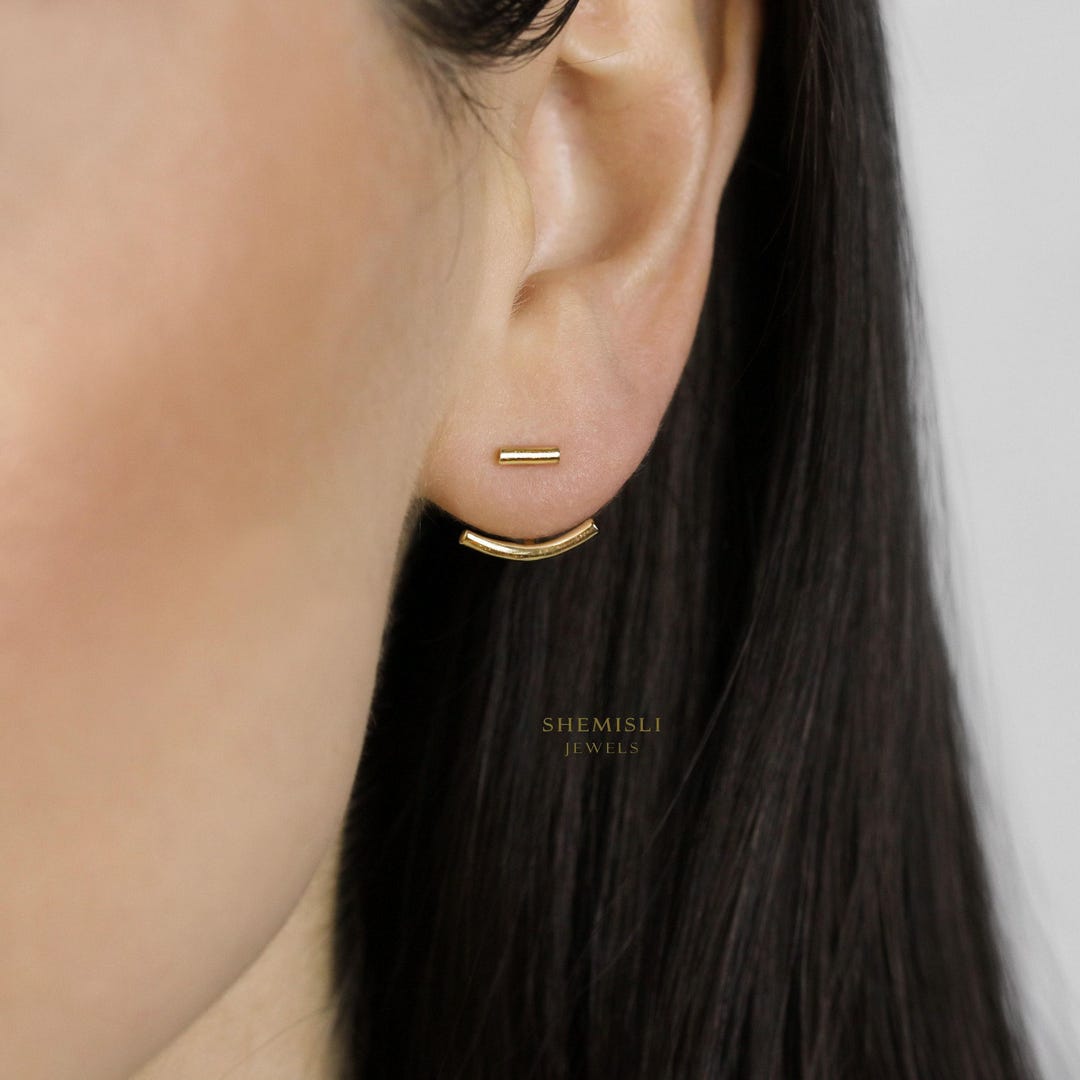 Bar Ear Jacket, Curved Front And Back Earrings, Unisex, Gold, Silver SHEMISLI SJ014