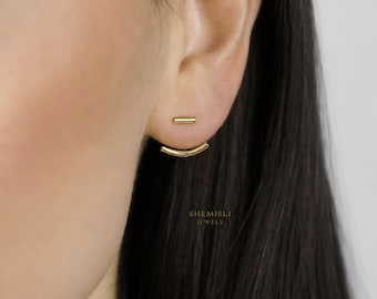 Bar Ear Jacket, Curved Front And Back Earrings, Unisex, Gold, Silver SHEMISLI SJ014
