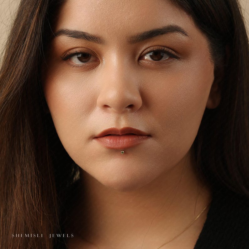 Peridot Stone Lip Stud, Threadless Flat Back, Minimalist Style, A-SS619 image 5