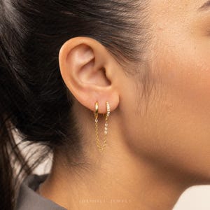 Double Hoop Earring With Linked Chain for Two Piercings,Huggies, Unisex, Gold, Silver SHEMISLI SH655
