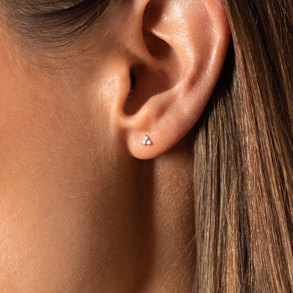 3 Leaf Clover Stud, CZ Flower Earring, Unisex, Gold, Silver