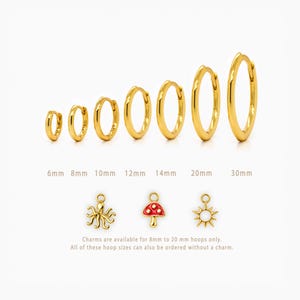 May include: A set of seven gold hoop earrings in graduated sizes from 6mm to 30mm, accompanied by three small gold charms shaped like an octopus, a red-topped mushroom, and a sun. Text indicates charms fit 8mm to 20mm hoops only.