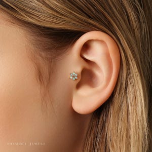Tiny 6 Petal Opal Stone Threadless Flat Back Tragus Stud, 20,18,16ga, 5-10mm, Unisex, Surgical Steel, SHEMISLI SS559