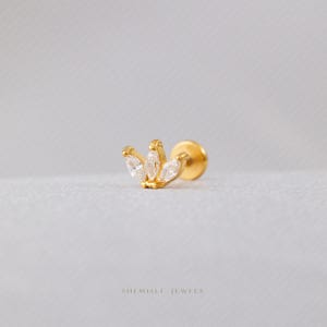 Tiny 3 Leaf White Stone Threadless Flat Back Tragus Stud, 20,18,16ga, 5-10mm, Unisex, Surgical Steel, SHEMISLI SS549