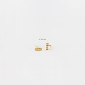 CZ Tiny Bar Stud Earring, Cuboid Rectangle Shape Studs, Unisex, Gold, Silver SHEMISLI SS012