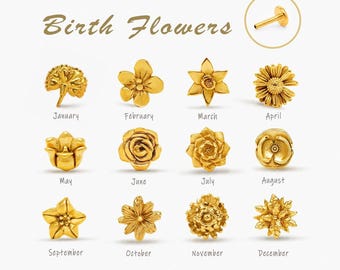 Birth Month Flower Stud, Threadless Flat Back Earring, Minimalist Style, A-SS1047