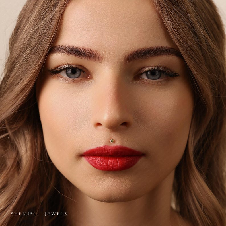 Peridot Stone Lip Stud, Threadless Flat Back, Minimalist Style, A-SS619 image 7