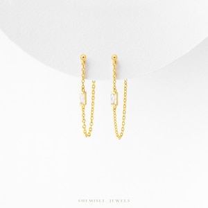 Clous d'oreilles pendantes Baguette CZ, unisexe, or, argent SHEMISLI SS332