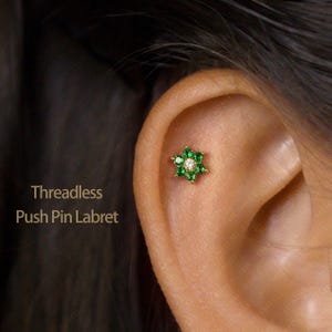 Tiny 6 Petal Emerald Stone Threadless Flat Back Earring, 20,18,16ga, 5-10mm, Unisex, Surgical Steel, SHEMISLI SS558