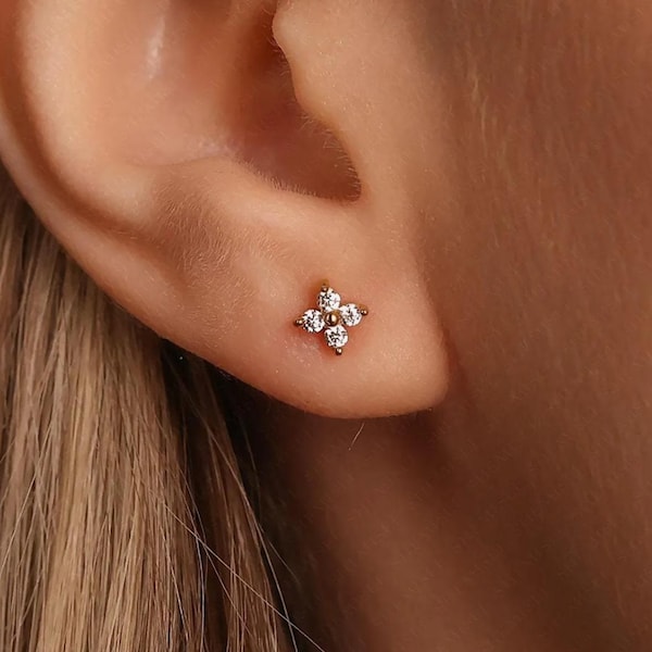 Dogwood Flower Stud, Threadless Flat Back Earring, Minimalist Style, A-SS912