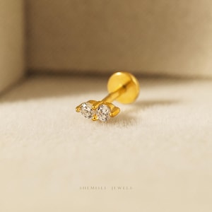 Tiny 2 White Stones, Threadless Flat Back Tragus Stud, 20,18,16ga, 5-10mm Unisex, Surgical Steel SHEMISLI SS894