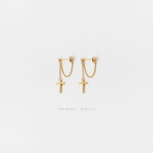 Cross Dangle Chain Stud Earring, Unisex, Gold, Silver SHEMISLI SS150