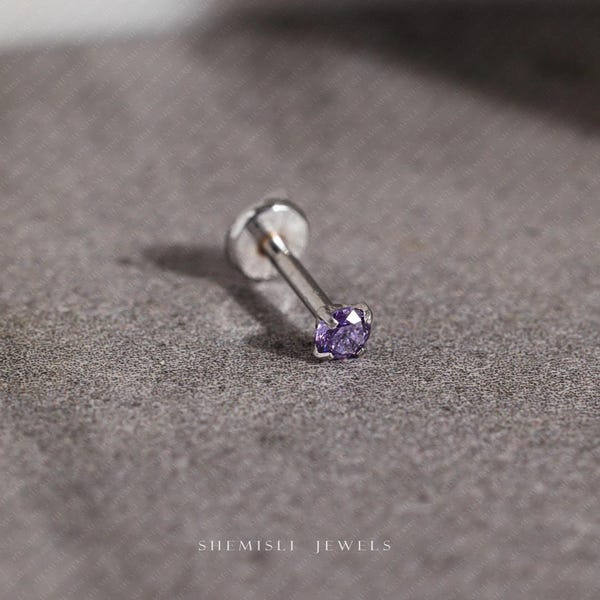 Amethyst Tragus Stud, Threadless Flat Back Earring, Minimalist Style, A-SS603