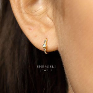 Thin Opal Bezel With CZ Hoop Earring, Huggies, Unisex, Gold, Silver SHEMISLI SH267