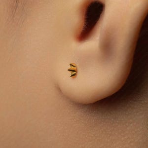 May include: A small, gold-colored crown stud earring. The earring is a minimalist design, featuring three pointed tips. The earring is shown on an ear, highlighting its size and placement. The earring is likely made of gold or a gold-colored metal.