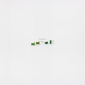 Tiny Baguette Stud Earring, White Emerald Turquoise Sapphire Black Opal, Unisex, Gold, Silver SS143, SS023, SS107, SS339, SS340, SS008