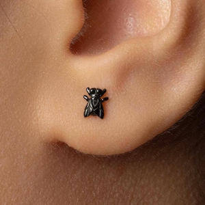 May include: A small, black stud earring shaped like a fly. The insect design features a rounded head, two prominent eyes, and detailed wings folded against its body. The earring is positioned on the lower part of an earlobe, showing a dark finish.