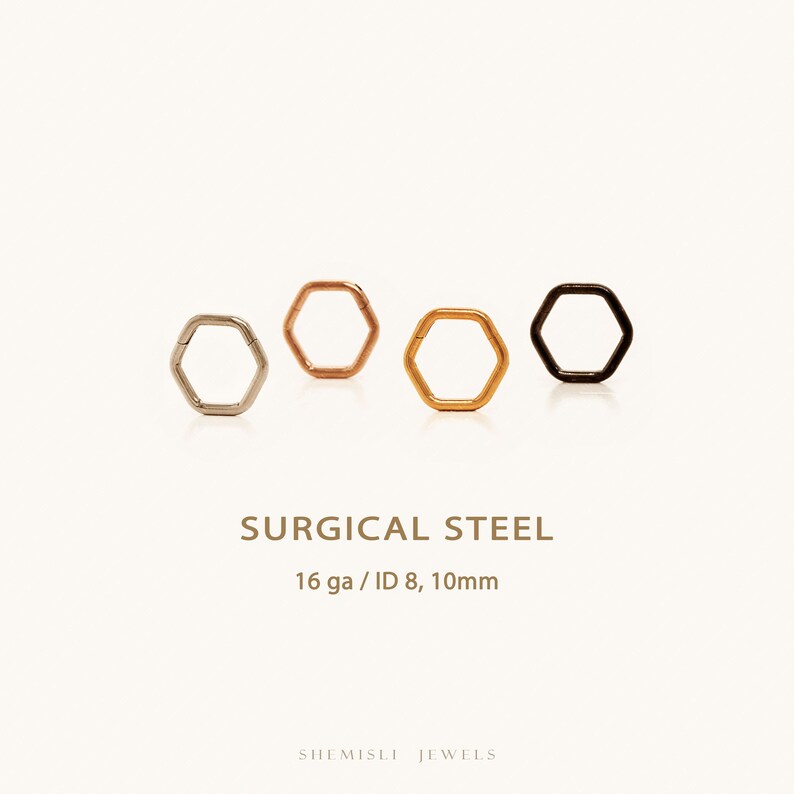 Hexagon Septum Ring, Nose Ring, Daith Hoop, Hinged Clicker Hoop, 16ga 8mm or 10mm, Surgical Steel, SHEMISLI SH238, SH239 image 1