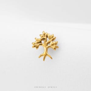 May include: A gold-toned metal stud earring shaped like a tree with a central trunk and spreading branches with leaf-like details. The text SHEMISLI JEWELS is printed in small black letters at the bottom of the frame.