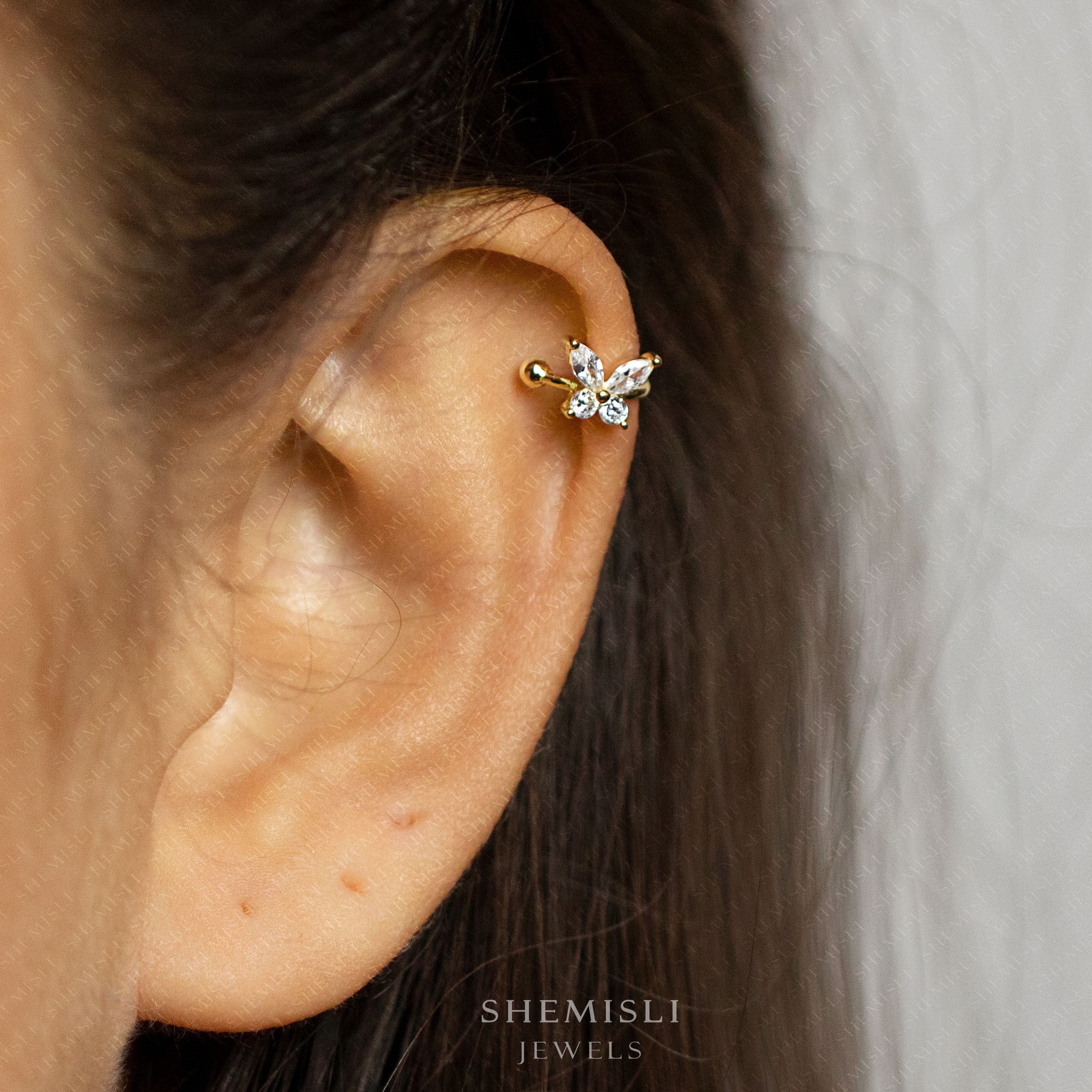 CZ Butterfly Helix Ear Cuff, Earring No Piercing is Needed, Gold 