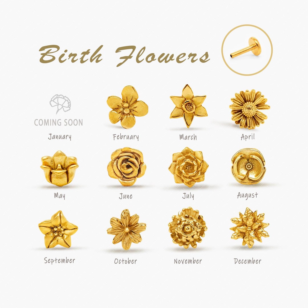 Tiny Birth Month Flower Threadless Flat Back Earrings, 20,18,16ga, 5-10mm Unisex, Surgical Steel SHEMISLI SS1047...