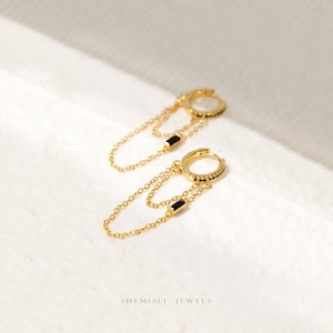Dangle Chain Baguette Black CZ Hoop Earring, Unisex, Gold, Silver SHEMISLI SH362