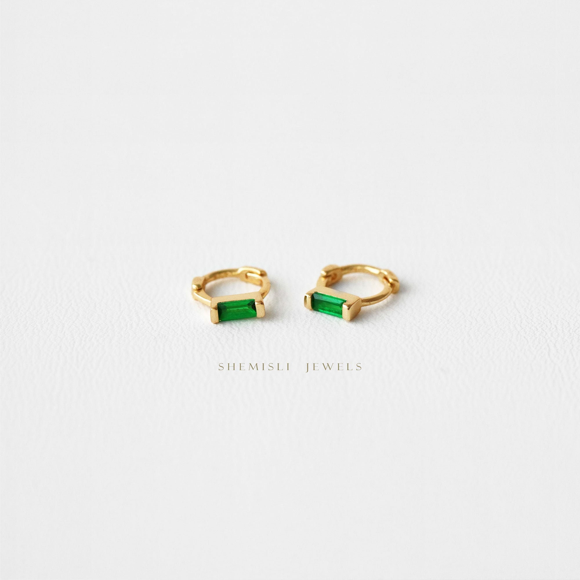 Emerald Baguette Helix Hoop Earrings, Huggies, Gold, Silver SHEMISLI …