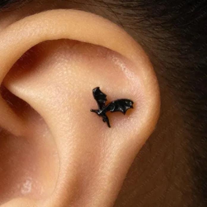 Black Flying Dragon Stud, Threadless Flat Back Earring, Minimalist