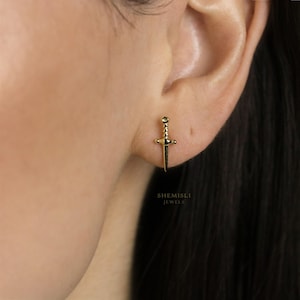 Puce d'oreille petite dague, unisexe, or, argent SHEMISLI - Extrémité papillon SS207, embout boule à vis SS354 (type A)