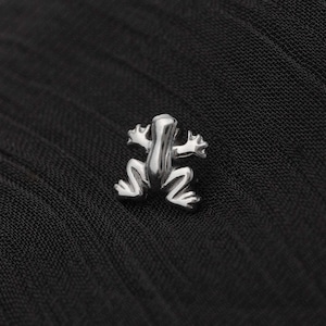 May include: A small, polished silver-toned metal pin shaped like a frog. The frog is depicted in a top-down view with its limbs splayed outward, featuring a smooth, reflective surface that catches the light, creating distinct highlights and shadows.