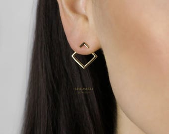 Rhombus Shape Ear Jacket, Geometric Square Front And Back Earrings, Unisex, Gold, Silver SHEMISLI SJ015