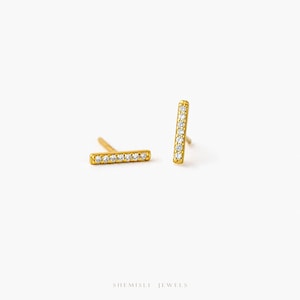 CZ Small Bar Stud Earring, Cuboid Rectangle Shape Studs, Unisex, Gold, Silver SS013