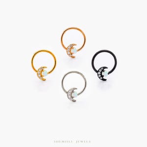 Moon Opal Septum Ring, Nose Ring, Daith Ring, Hinged Clicker Hoop, 16ga 8mm or 10mm, Unisex, Stainless Steel, SHEMISLI SH640, SH641