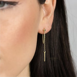Bar Dangle Chain Stud Earring, Unisex, Gold, Silver SHEMISLI SS199