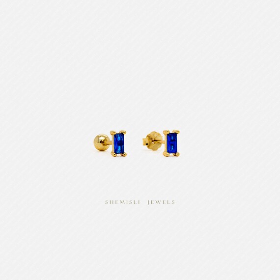 Tiny Sapphire Baguette Stud Earrings, Unisex, Gold, Silver Tiny Sapphire Baguette Stud Earrings, Unisex, Gold, Silver