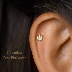 Tiny 3 Leaf White Stone Threadless Flat Back Earring, 20,18,16ga, 5-10mm, Unisex, Surgical Steel, SHEMISLI SS551