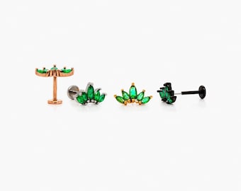 Emerald Crown Stud, Threadless Flat Back Earring, Floral Jewelry, Minimalist Style, A-SS560