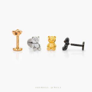 Teddy Bear Tragus Stud, Threadless Flat Back Earring, Minimalist Style, A-SS978