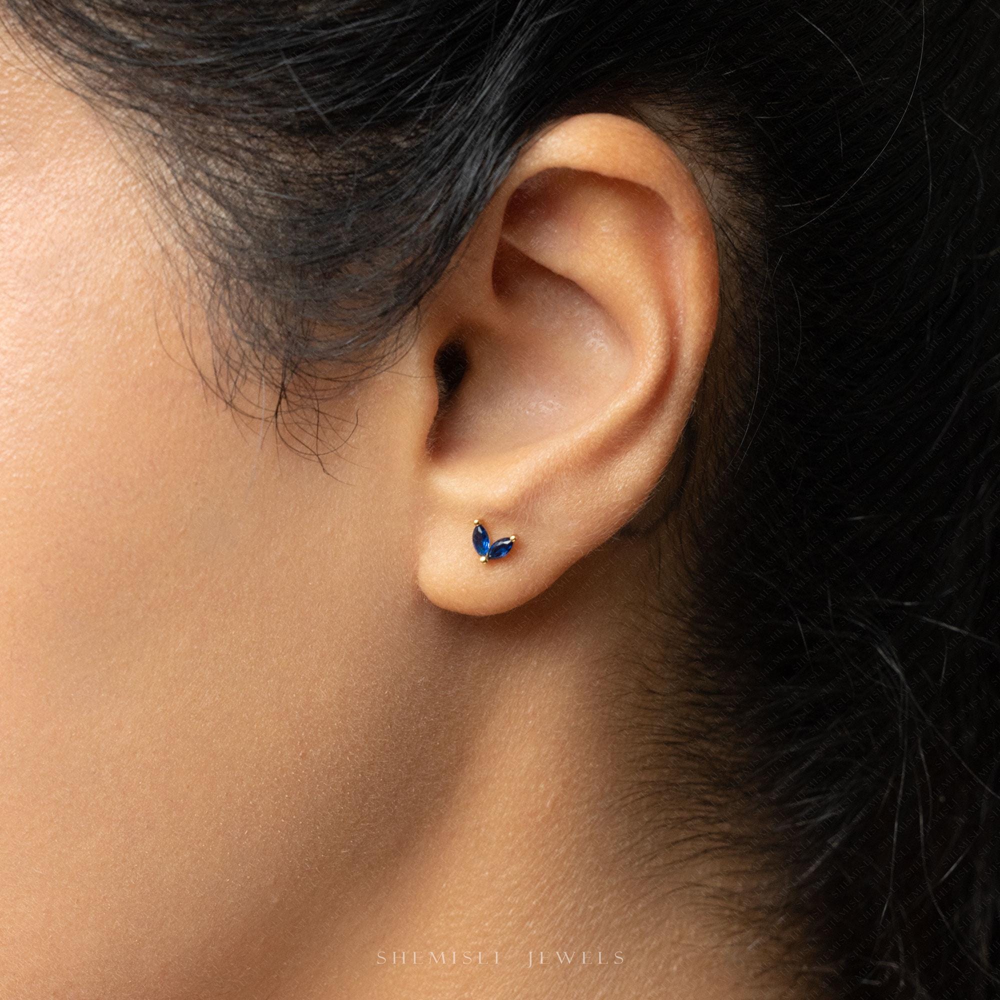 Tiny CZ Leaf Flower Stud Earring, White, Emerald, Turquoise Tiny CZ Leaf Flower Stud Earring, White, Emerald, Turquoise